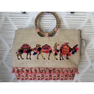 America & Beyond Large Camel Tassel Beaded Bamboo Handle Beach Vacation Tote